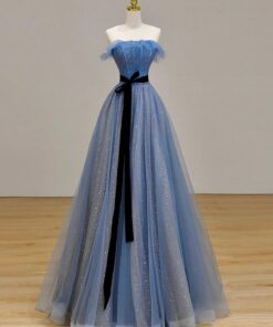 Blue Tulle A-Line Strapless Long Prom Dress, Beautiful Evening Party Dress