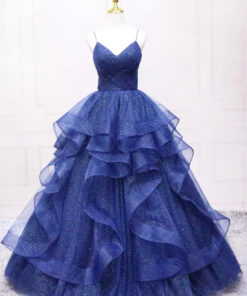 Dark Blue Tulle Layers Long Formal Dress, Blue Tulle with Straps Party Dress