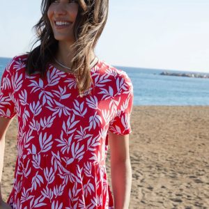 Women's Red Leaf Print Jersey Maxi Dress with Pockets Siouxe