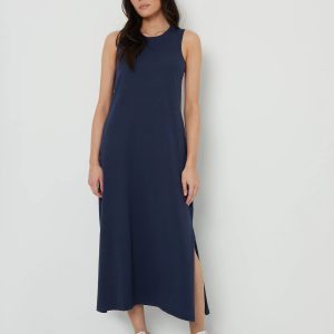 Women's Navy Sleeveless Jersey Midi Dress with Pockets Siouxe