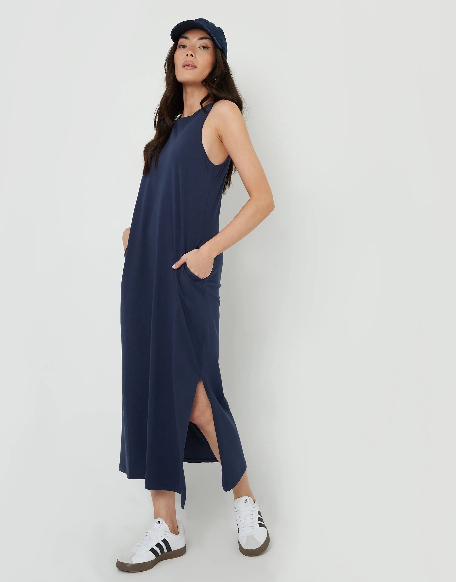 Women's Navy Sleeveless Jersey Midi Dress with Pockets Siouxe