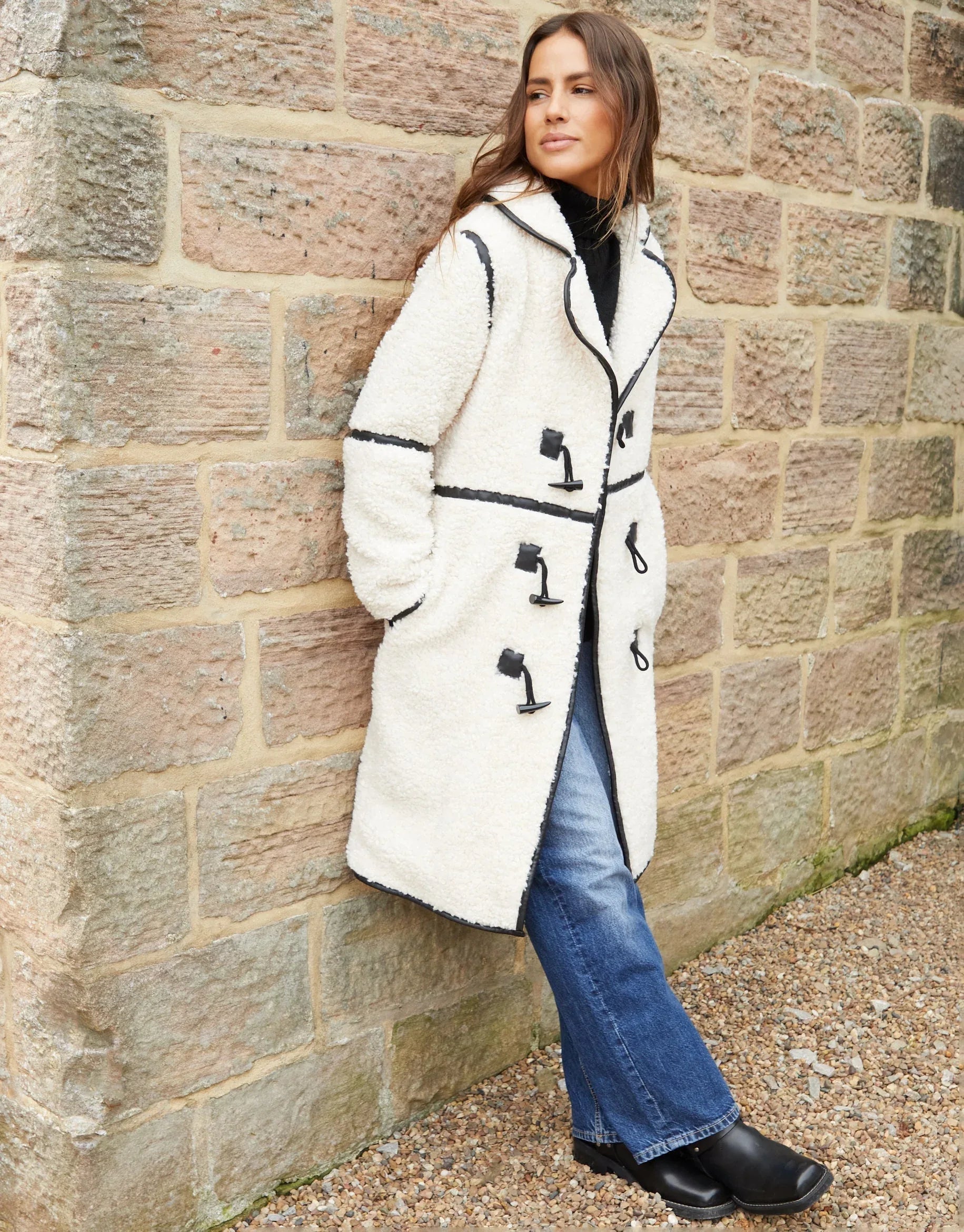 Women's Ecru Longline Fleece Borg Toggle Coat Siouxe