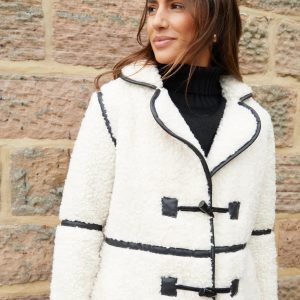 Women's Ecru Longline Fleece Borg Toggle Coat Siouxe